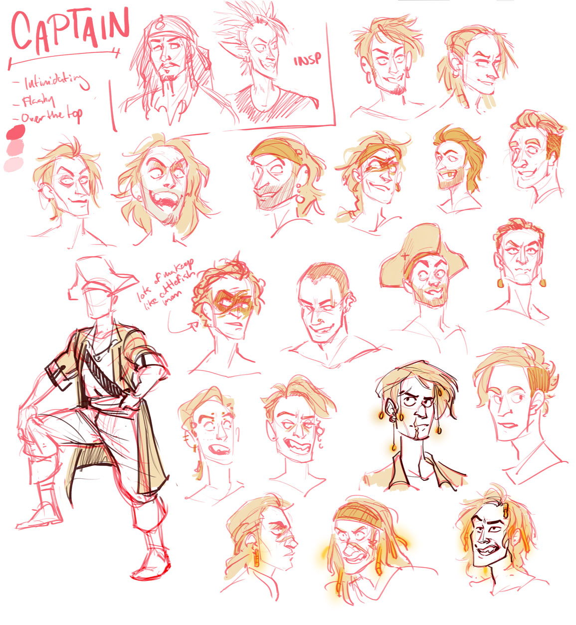Full sheet of different face options, and two sketches of some personality inspiration, Jack Sparrow and Yoichi Hiruma